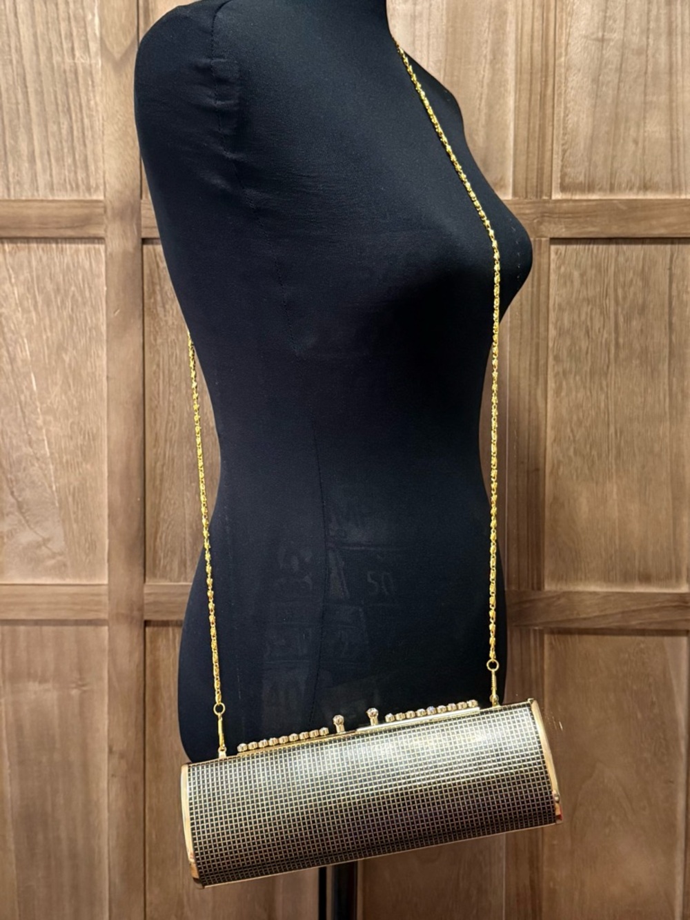 Gold and Black Cylinder Crossbody Clutch with Rhinestones. - Picture 3 of 9